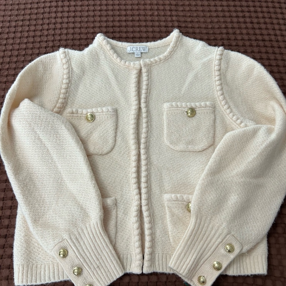 J.Crew Emilie Patch-Pocket Sweater Lady Jacket - Cream Ivory Bobble Trim M BNWT